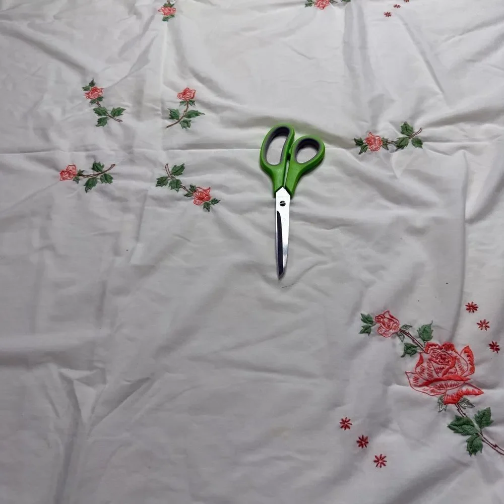 Vintage Hand Embroidered Floral Tablecloth Orange Fringe